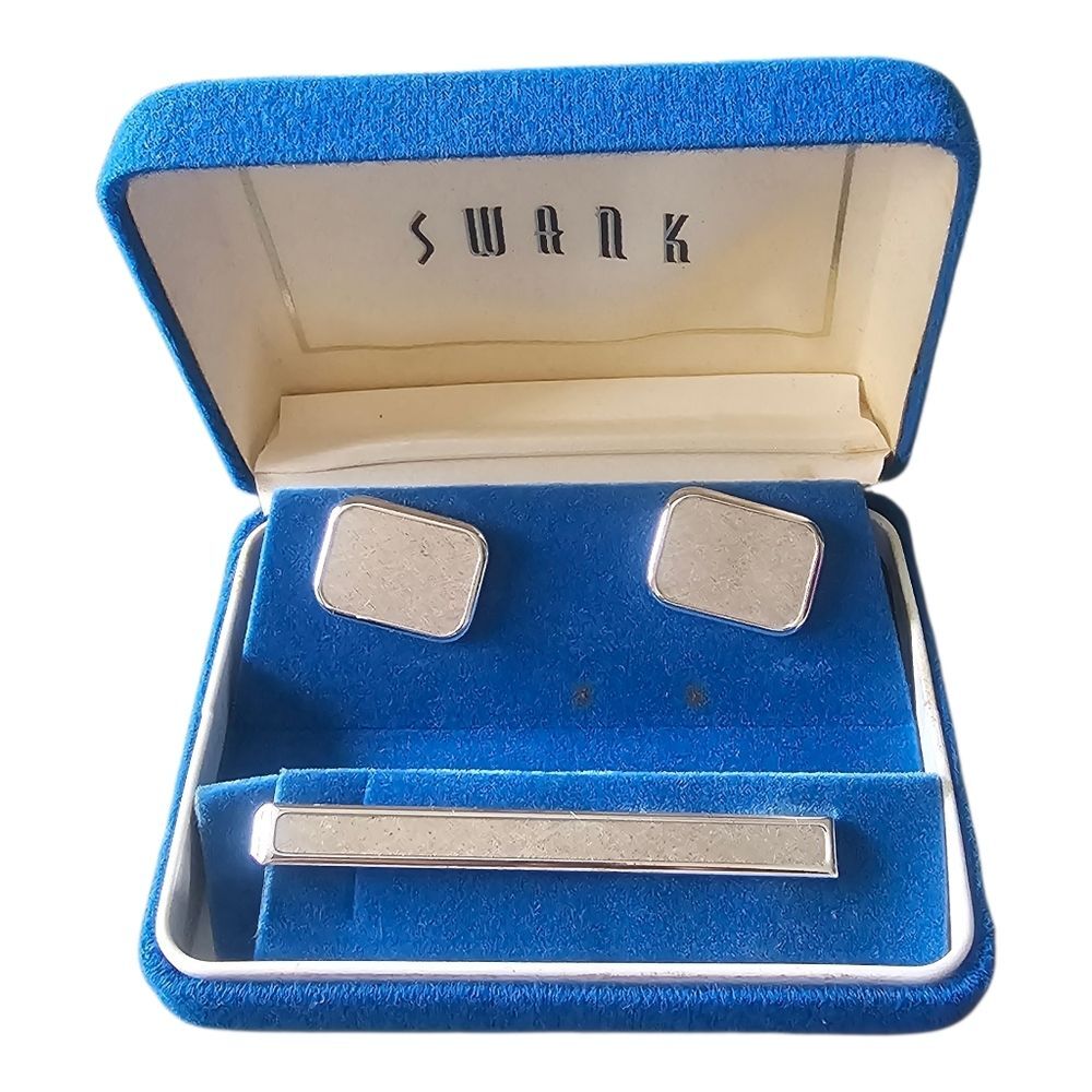 Vintage New In Box Swank Cufflinks and Tie Bar Silver Rectangular